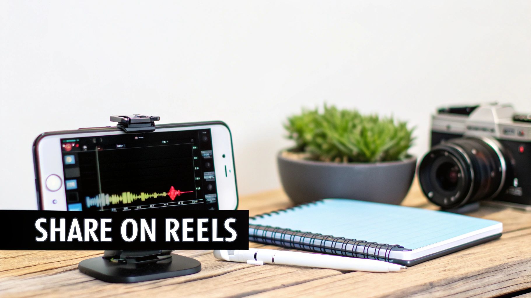 An iPhone on a stand displays audio waveforms, with a notebook, pen, plant, and camera. Text: SHARE ON REELS.