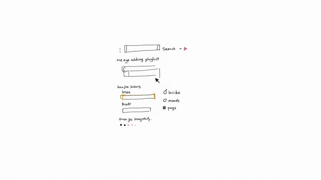 A hand-drawn sketch of a user interface with search bars, playlist creation, and list items for music.