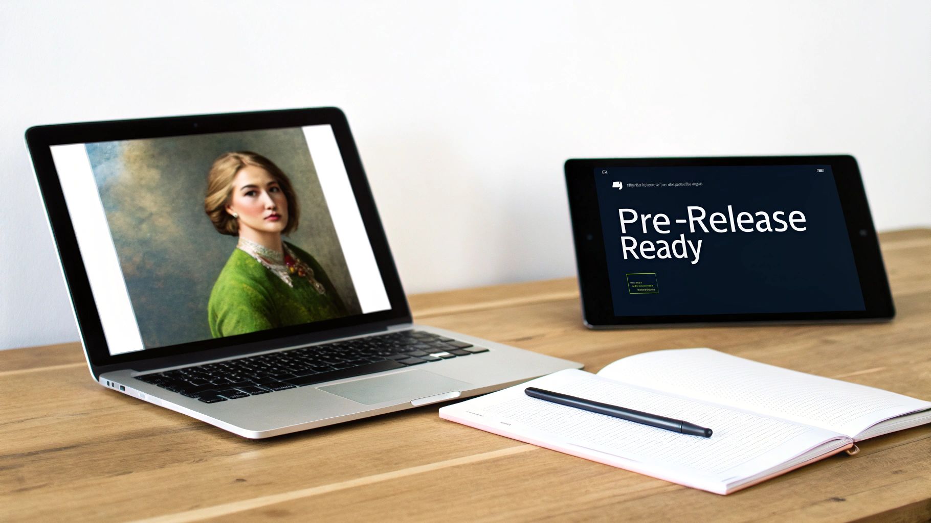 A modern workspace with a laptop displaying a painting, an iPad showing 'Pre-Release Ready', and an open notebook on a wooden desk.