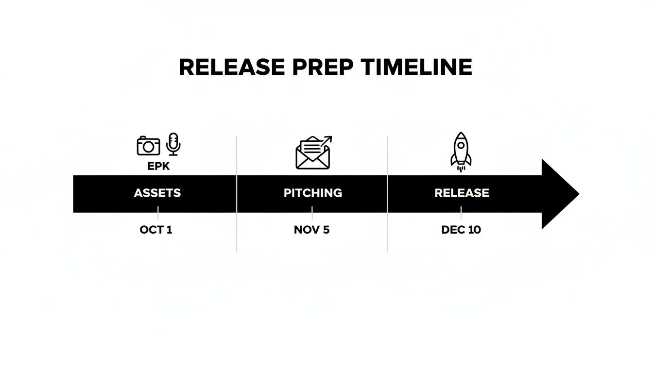 Timeline showing music release preparation with assets (EPK), pitching, and release dates.
