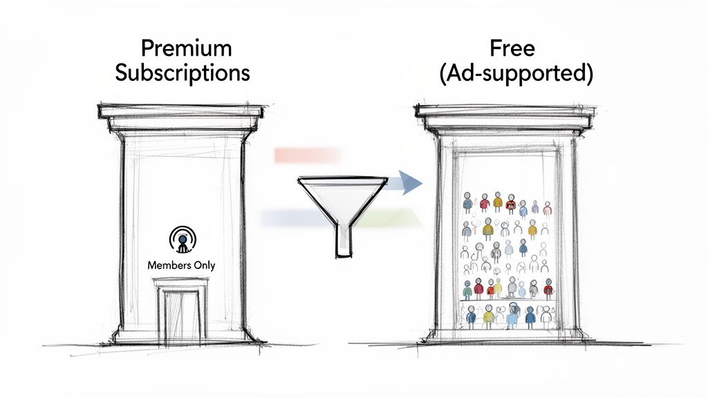 Diagram showing premium subscriptions with a 'Members Only' sign funneling into a larger free, ad-supported user base.