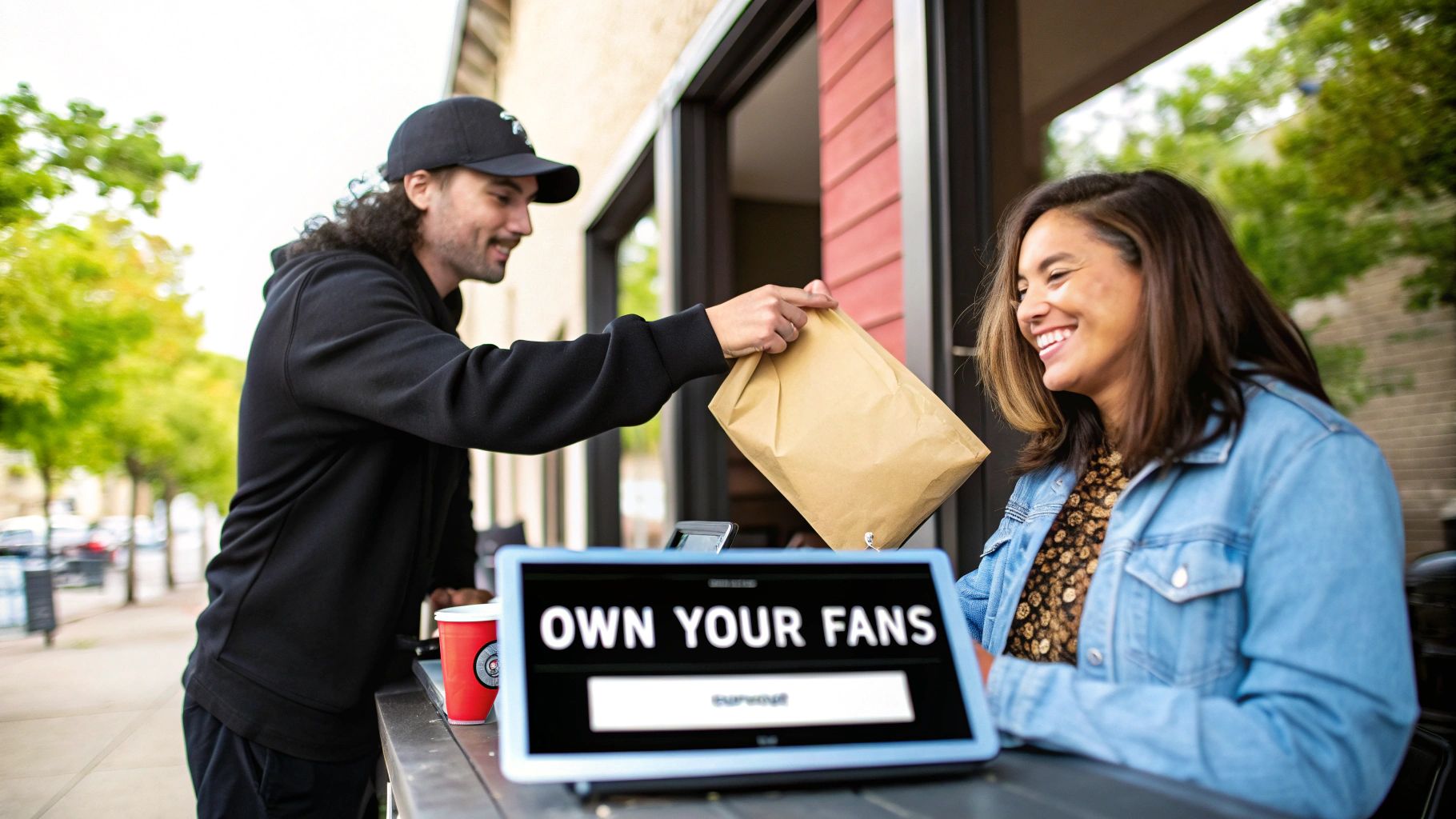 A man hands a paper bag to a smiling woman at an outdoor counter with a tablet displaying 'OWN YOUR FANS'.