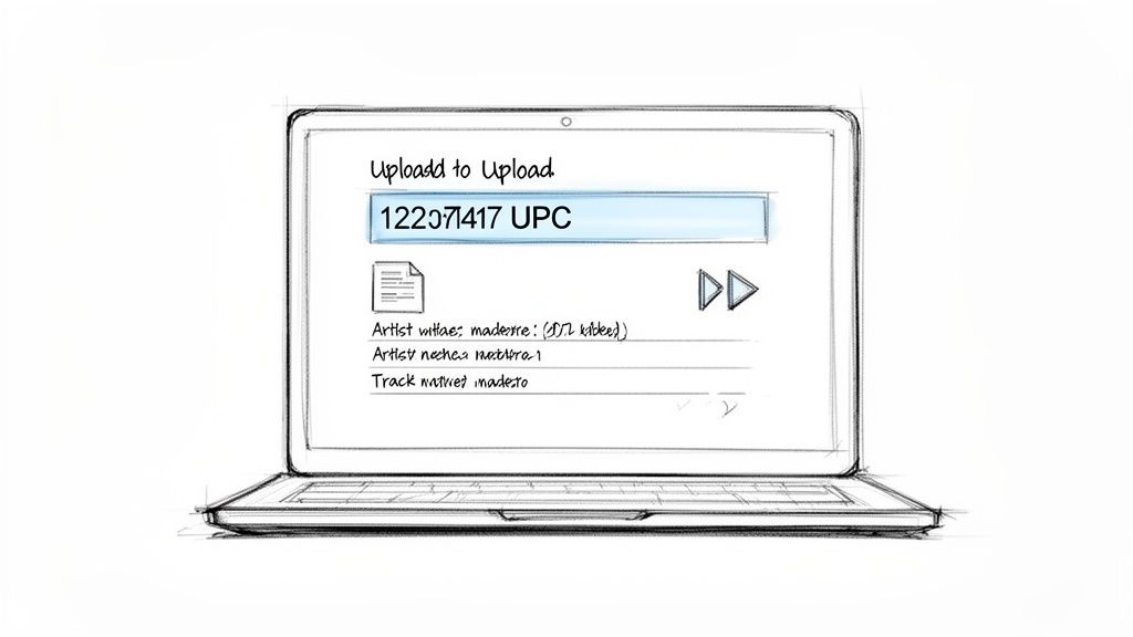 A sketch of a laptop screen displaying an upload form with a UPC code and music track details.
