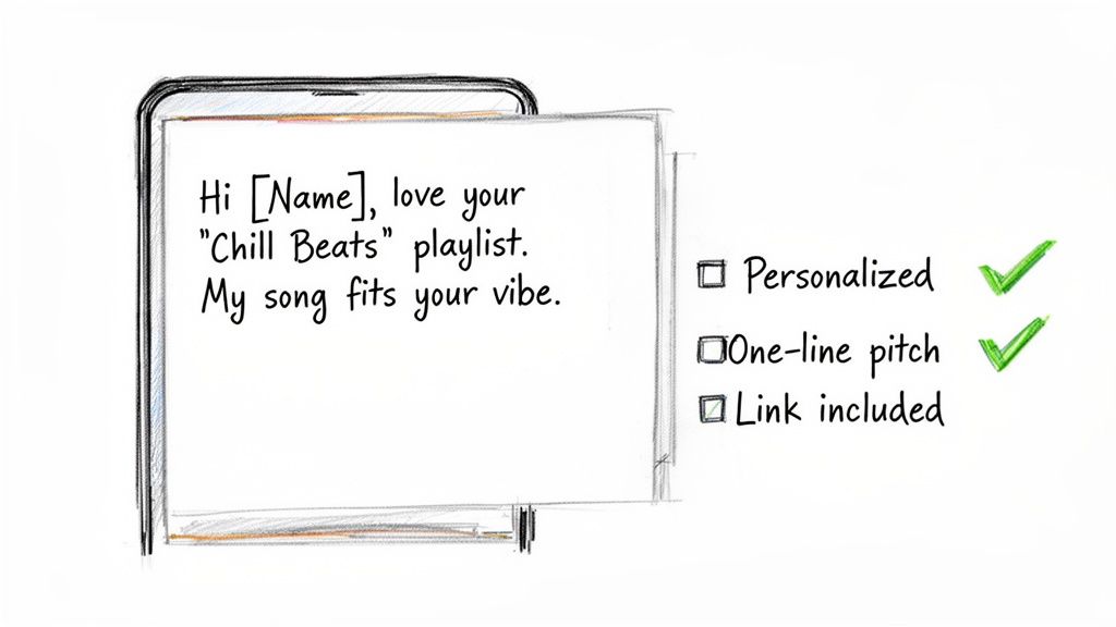 A smartphone screen displays a personalized song pitch, with 'Personalized' and 'One-line pitch' checked.