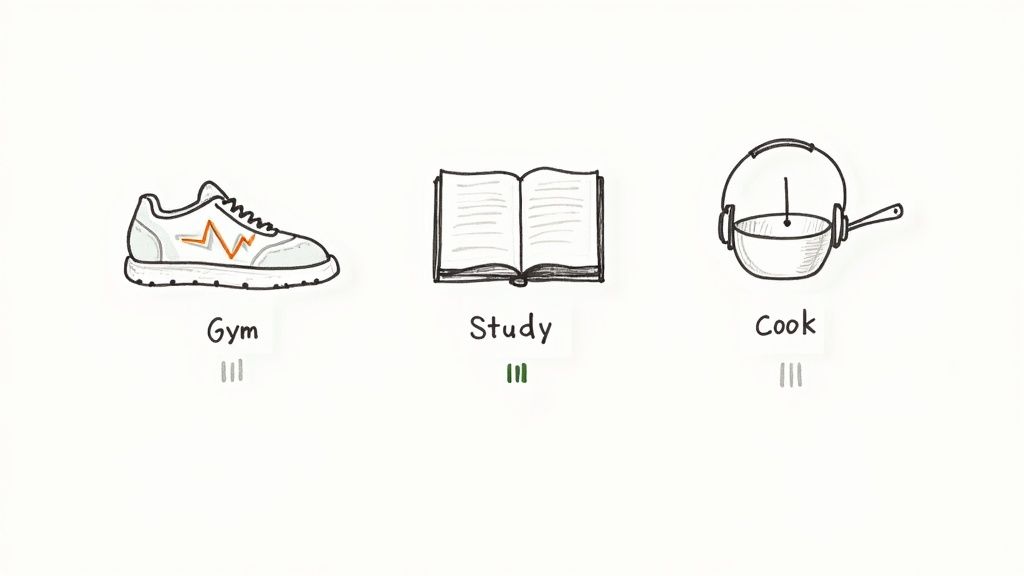 Sketch of a running shoe, open book, and cooking pot representing daily activities with progress.