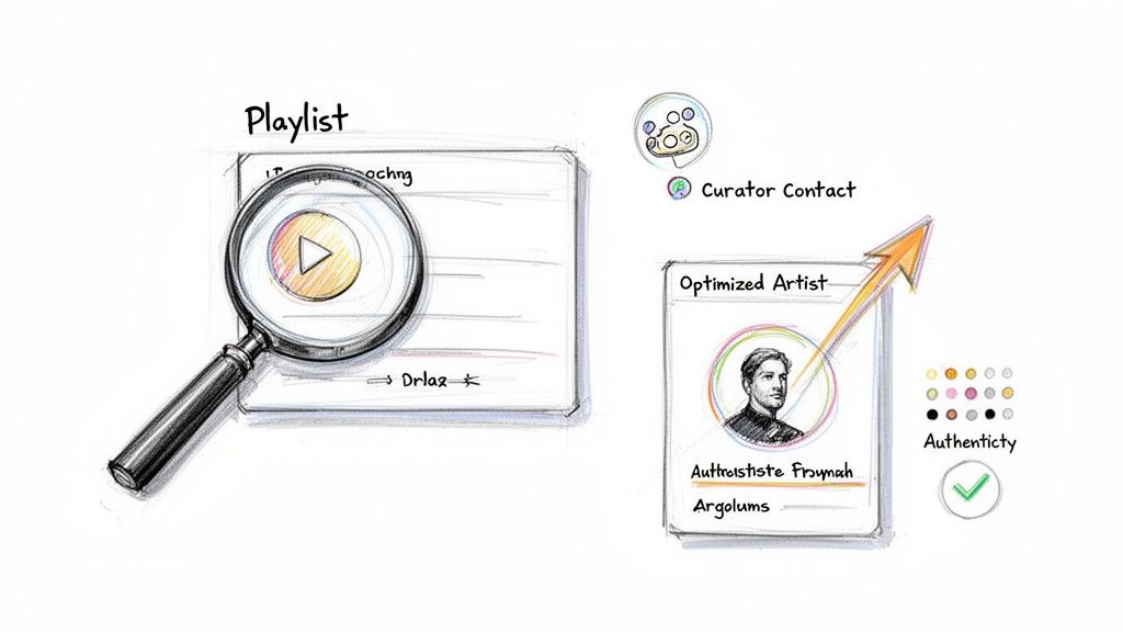Hand-drawn sketch illustrating a playlist search, optimized artist profile, and authenticity verification for music content.