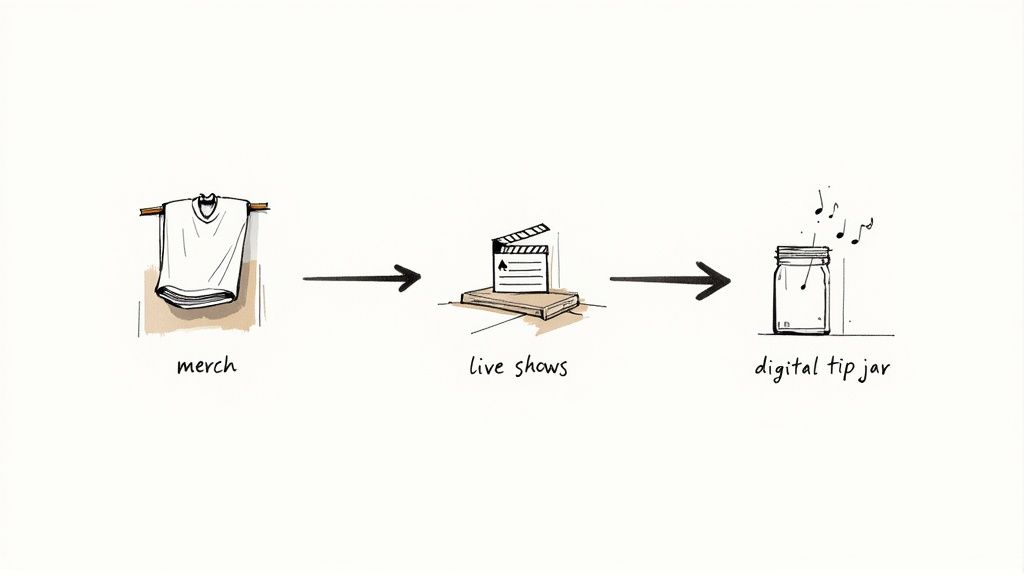 Music industry revenue streams progression from merchandise to live shows to digital tip jar