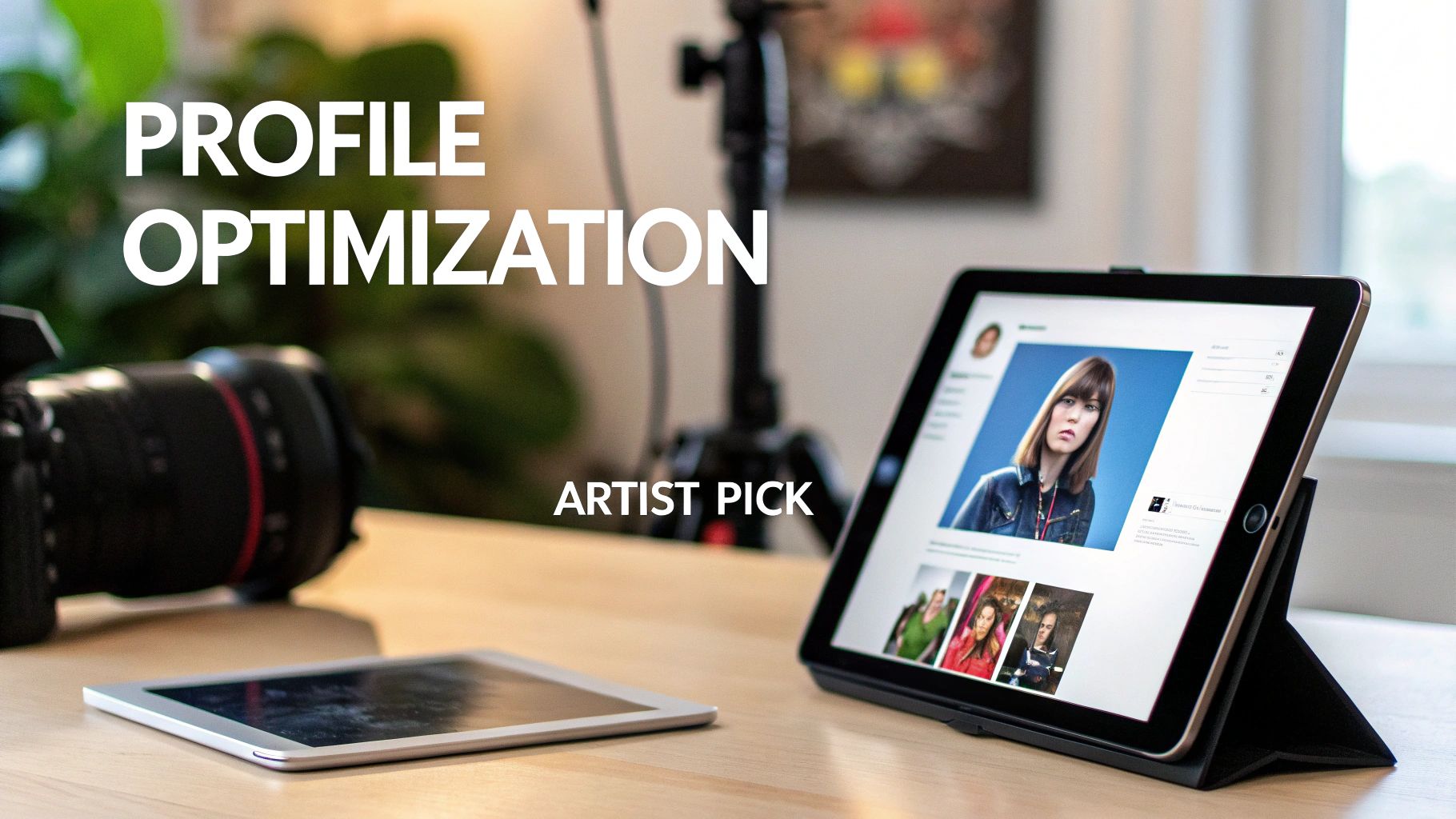 A desk setup featuring a camera, two tablets, and text 'PROFILE OPTIMIZATION'.