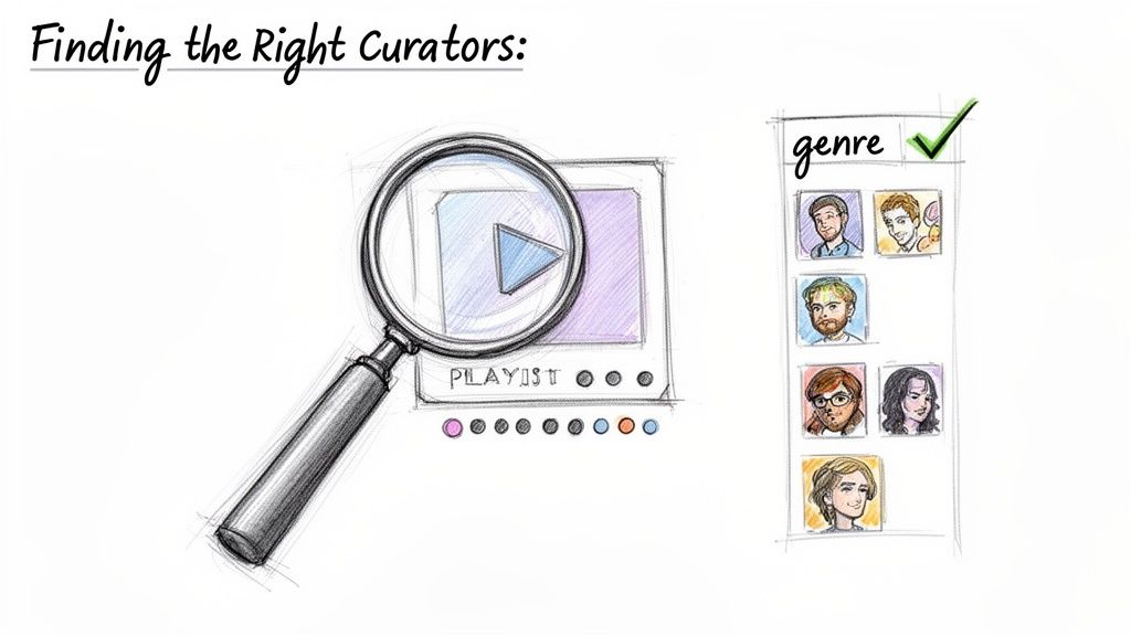 A magnifying glass inspects a playlist screen, while a list of diverse curators is evaluated for genre.