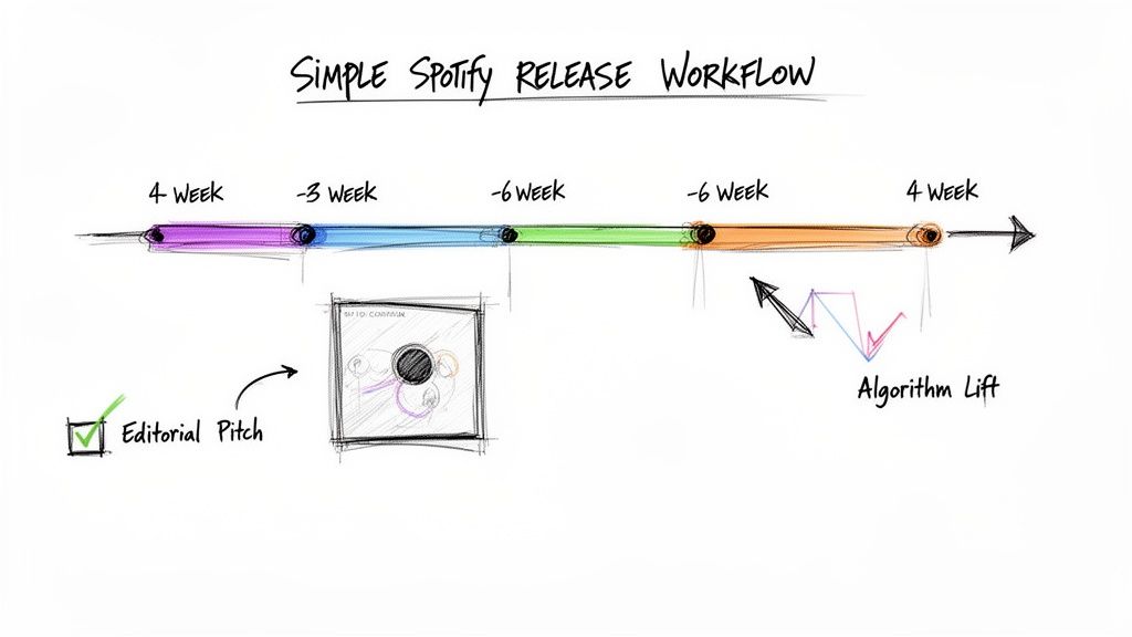 An illustrated timeline of a simple Spotify music release workflow, highlighting editorial pitch and algorithm lift.
