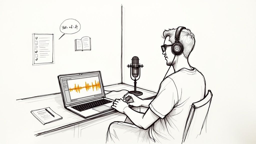 A musician working in a home studio with guitars and mixing equipment