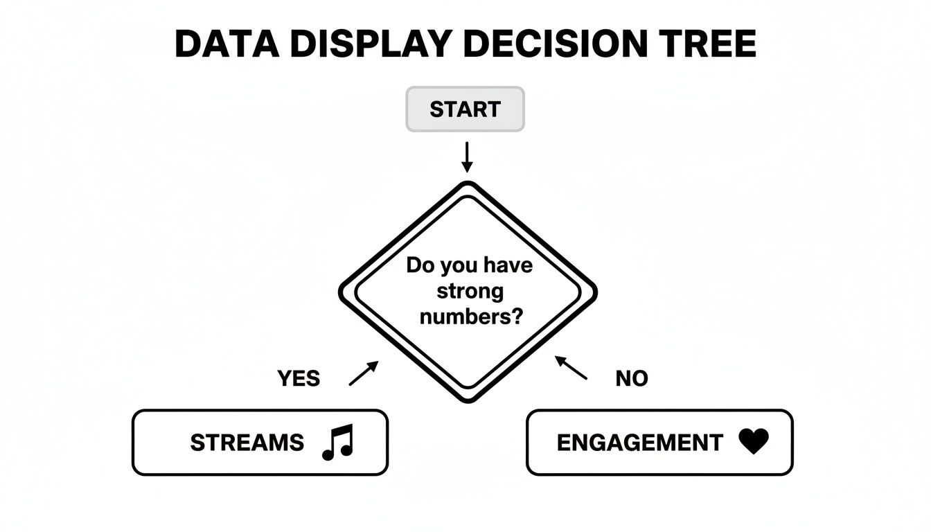 A data display decision tree flowchart asks if you have strong numbers, leading to streams or engagement.