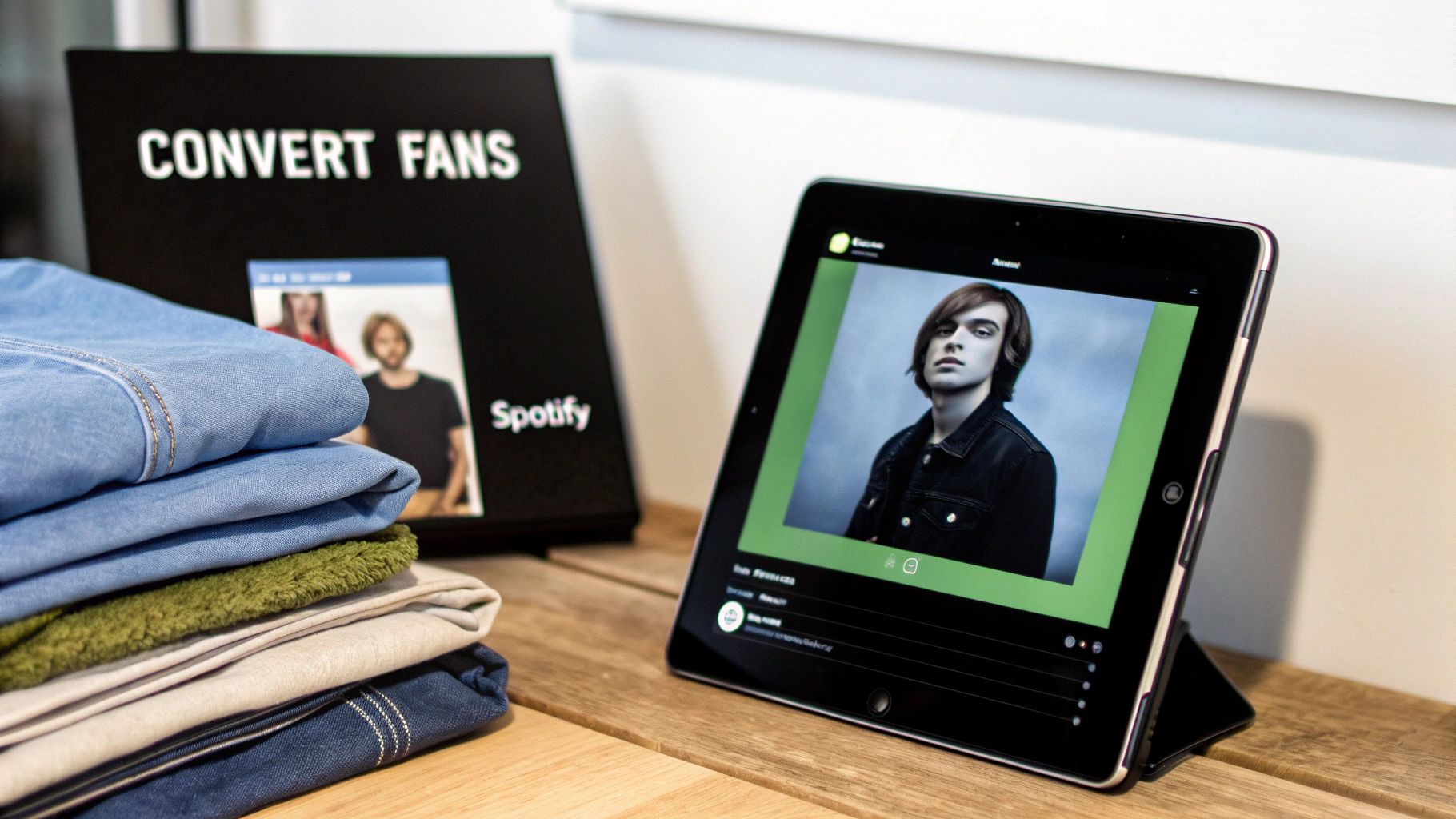 A tablet displaying Spotify music, a 'Convert Fans' sign, and folded clothes on a wooden table.