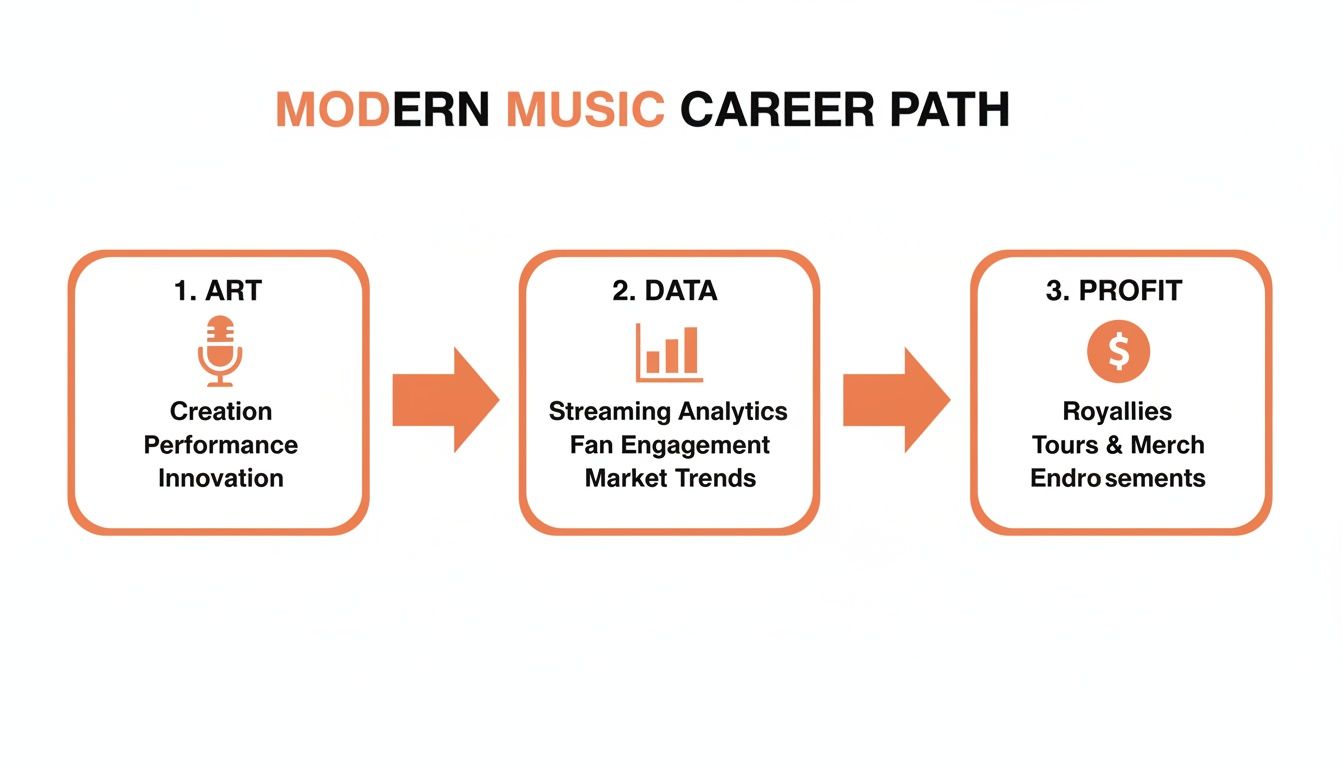 Modern music career path diagram detailing steps from art creation, data analysis, to profit generation.