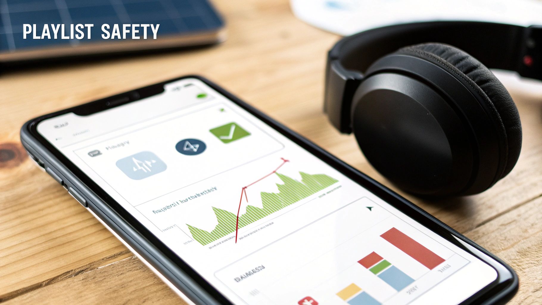 A smartphone displaying data charts and icons, next to black headphones on a wooden desk with 'PLAYLIST SAFETY' text.