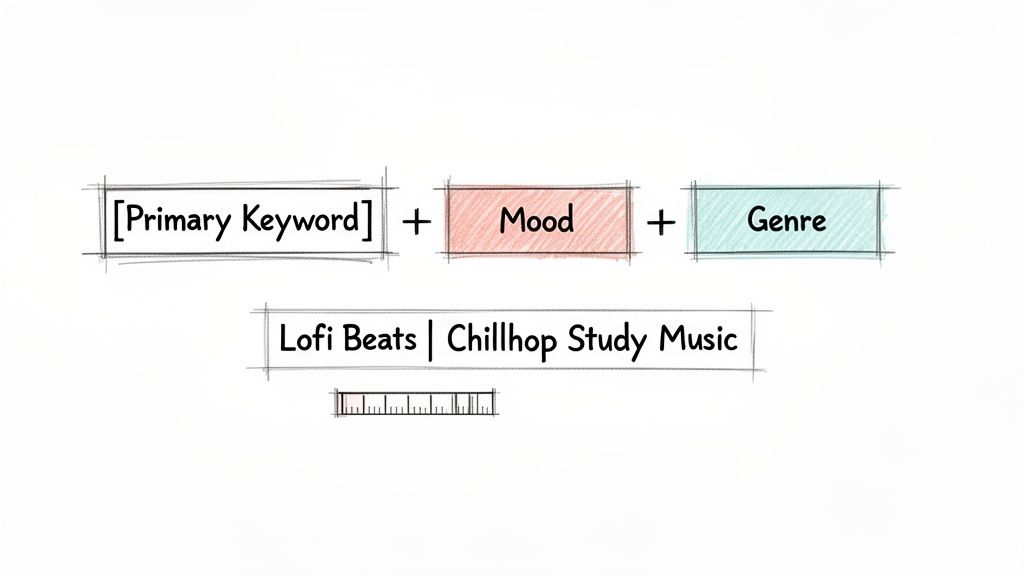 Diagram illustrating how to construct music titles using a formula of primary keyword, mood, and genre.