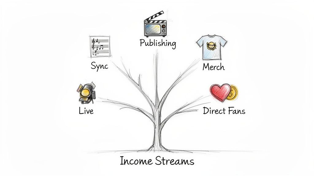 A tree diagram illustrating five income streams for musicians: Sync, Publishing, Merch, Live, and Direct Fans.