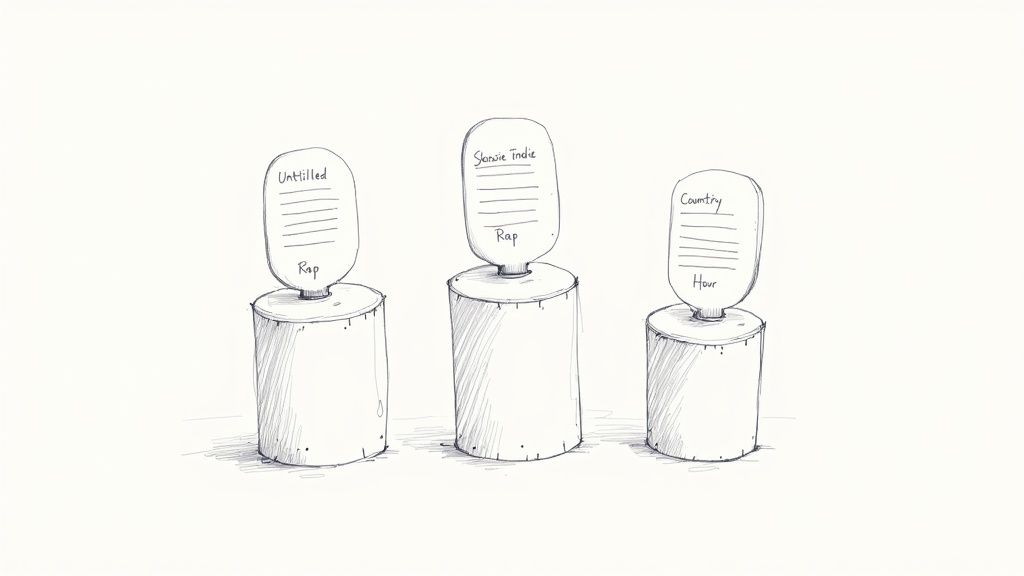 Three hand-drawn water coolers or microphones, labeled with music genres: Rap, Slowsie Indie, and Country.