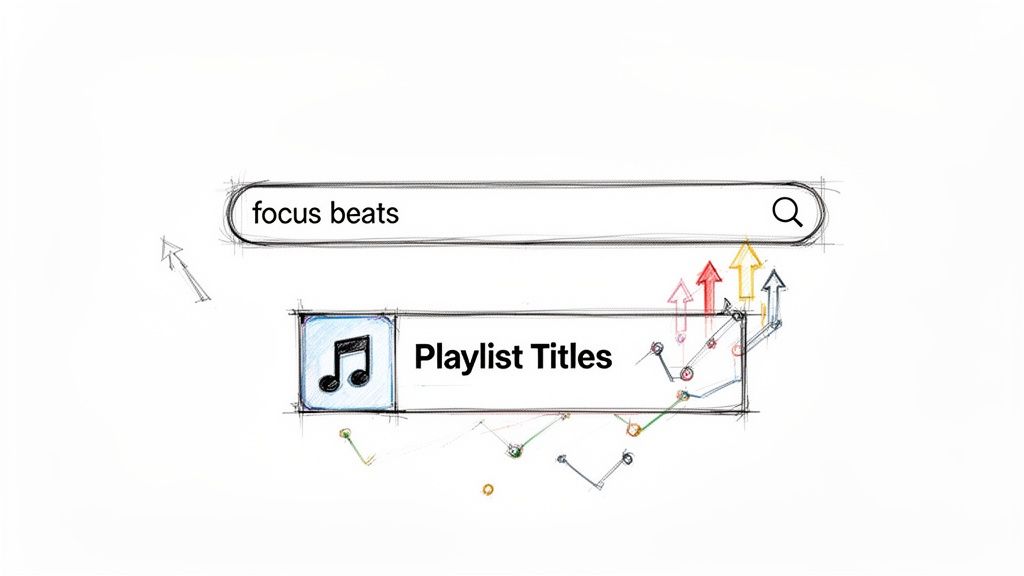 Sketch of a music app UI showing a search bar for 'focus beats' and 'Playlist Titles' with data trends.