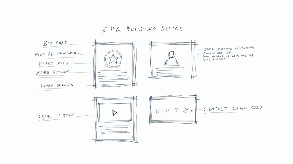Hand-drawn wireframe sketch showing four EPK building blocks including bio card, videos, contact information