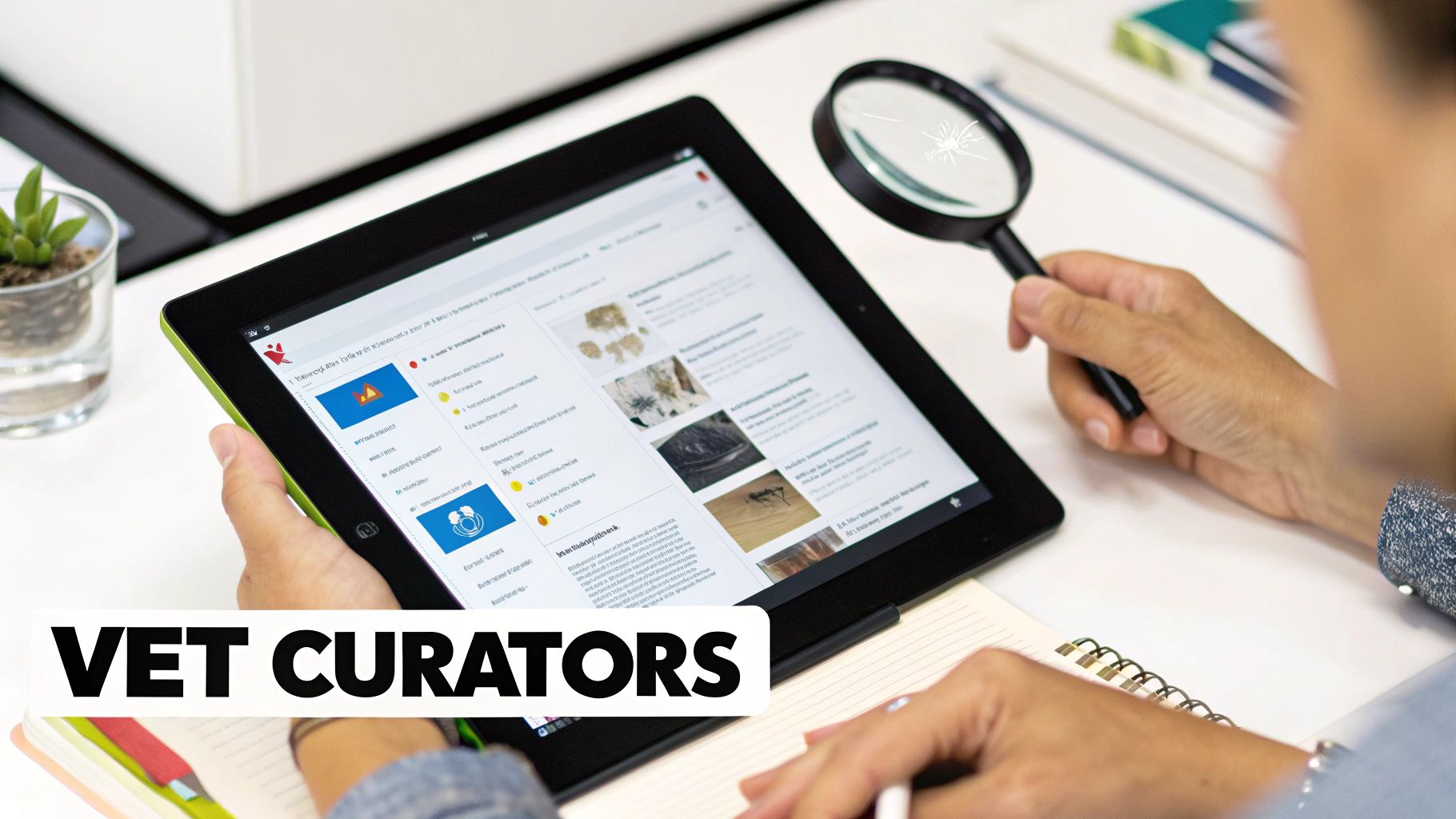 A person using a tablet and magnifying glass to examine digital specimens, with 'VET CURATORS' text overlay.