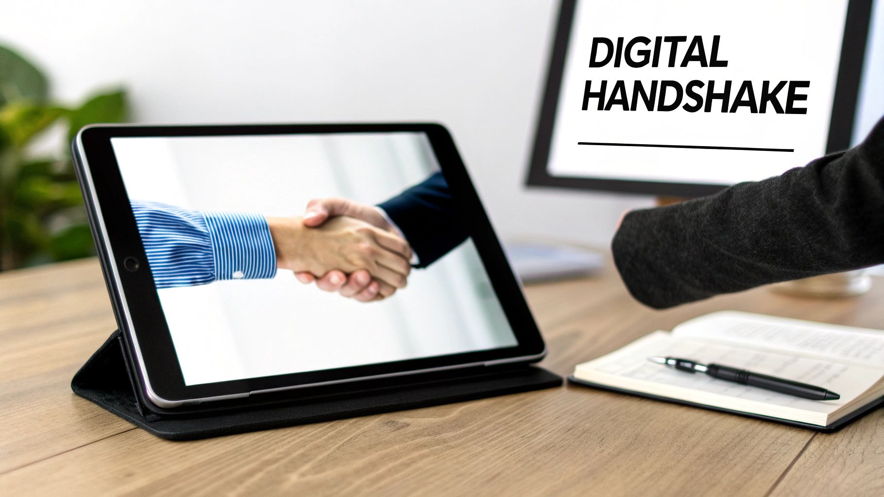 A tablet displays a digital handshake with a monitor showing 'DIGITAL HANDSHAKE' in a modern office.