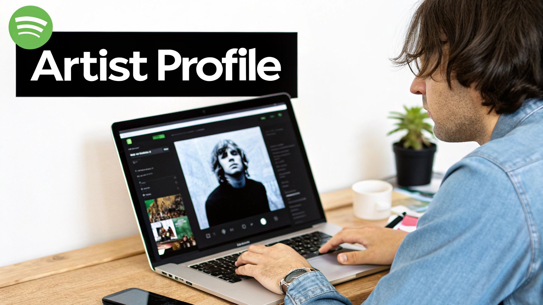 Man viewing a Spotify artist profile on a laptop, with 'Artist Profile' text overlay.