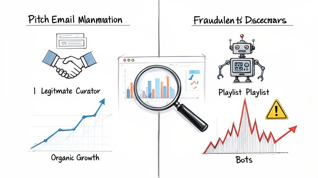 Comparison of legitimate music promotion methods versus fraudulent bot activity and fake playlist engagement.