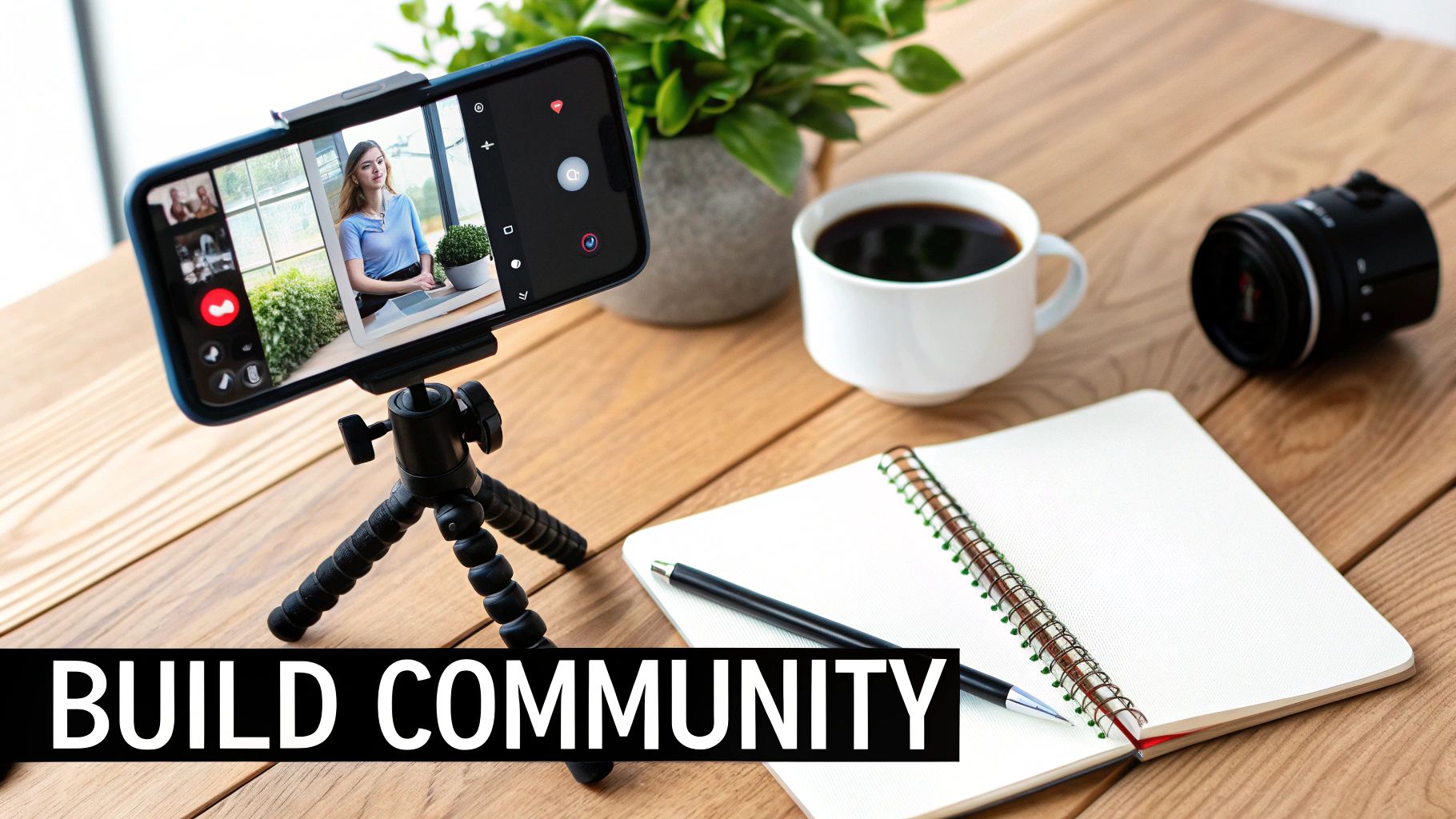 A smartphone on a tripod shows a woman on a video call, alongside a coffee, notebook, and camera.