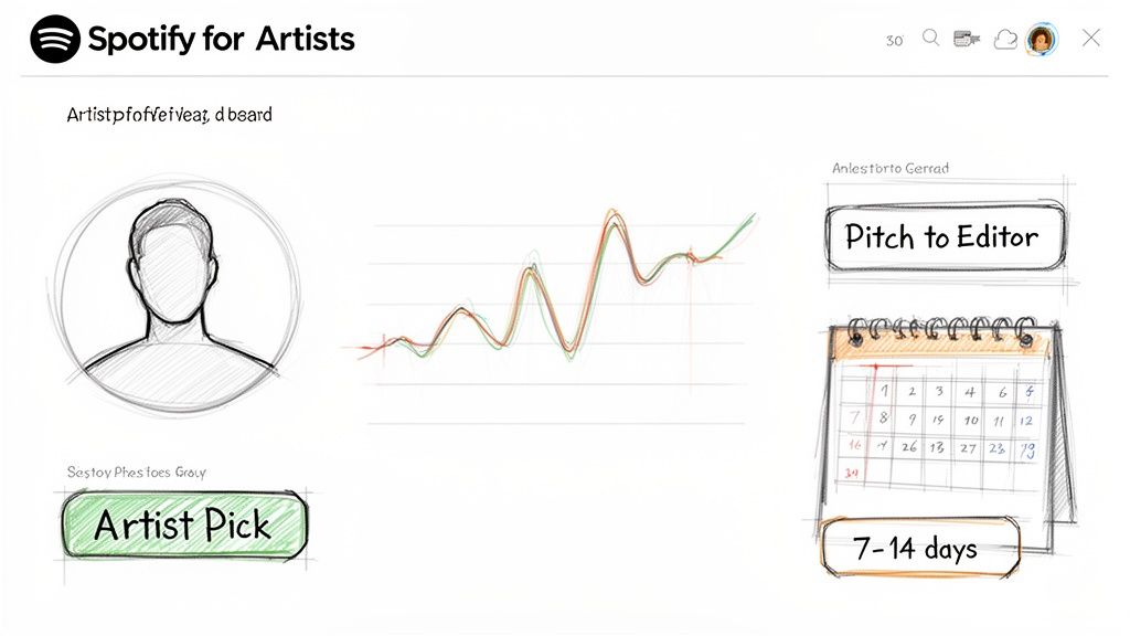 A sketch-style Spotify for Artists dashboard showing profile, performance graph, and music promotion features.