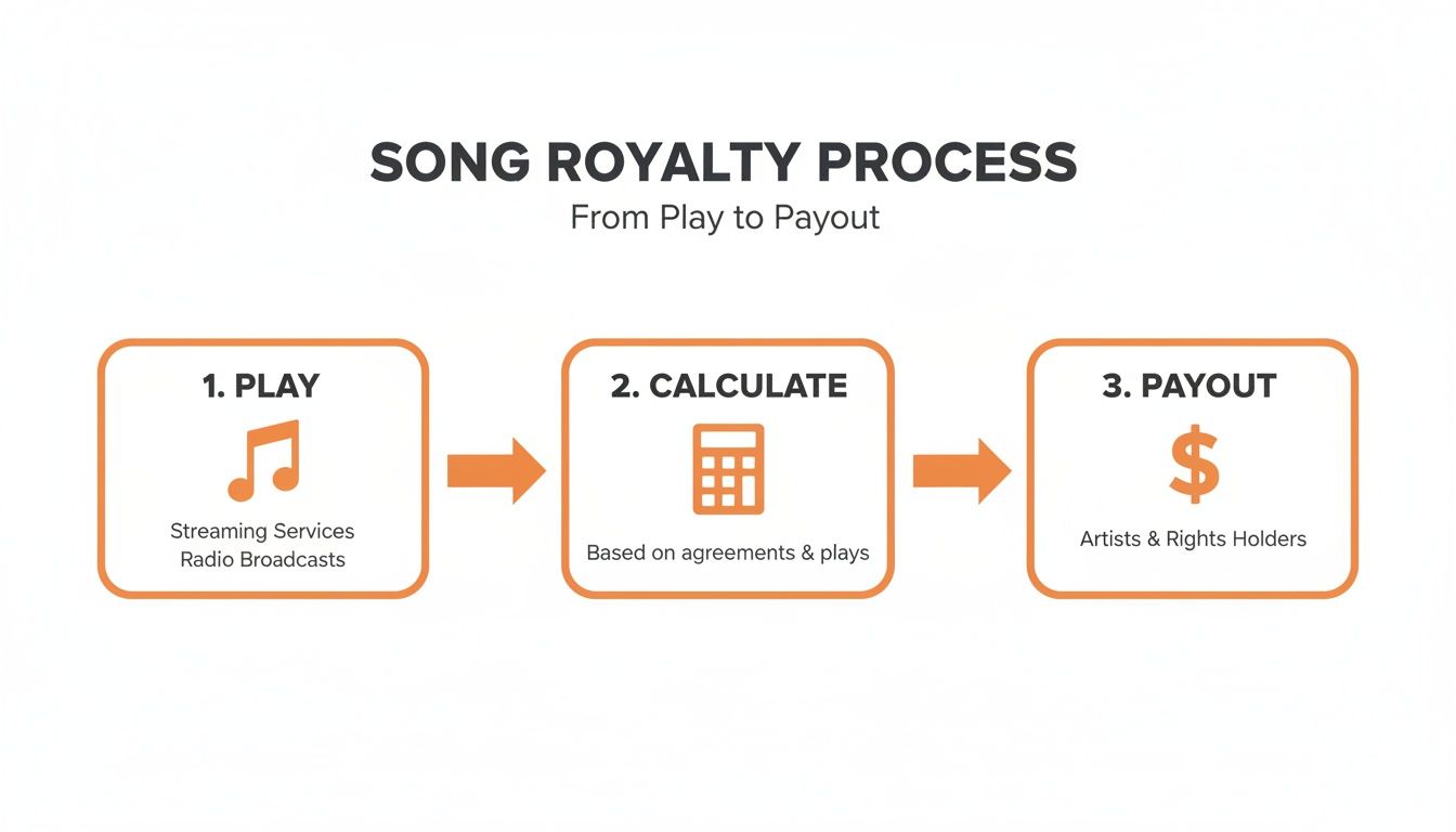 Flowchart illustrating the song royalty process: play, calculate based on agreements, and payout to artists and rights holders.