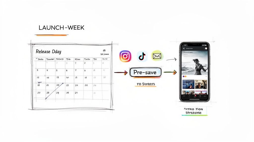 A launch week plan showing a calendar, social media icons, a pre-save button, and a music streaming app.