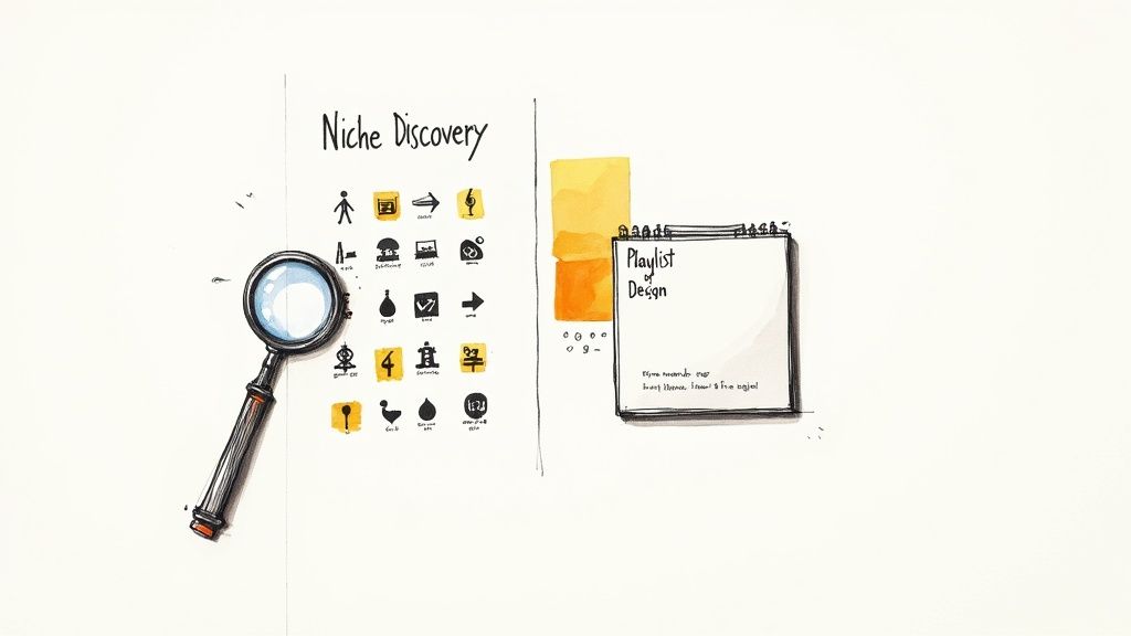 A person wearing headphones and deeply focused on a laptop screen, curating a playlist in a cozy, well-lit room.