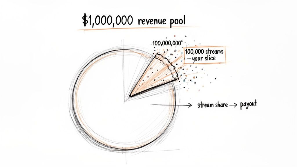 A pie chart visually explains a $1,000,000 revenue pool, where 100,000 streams is your payout slice.