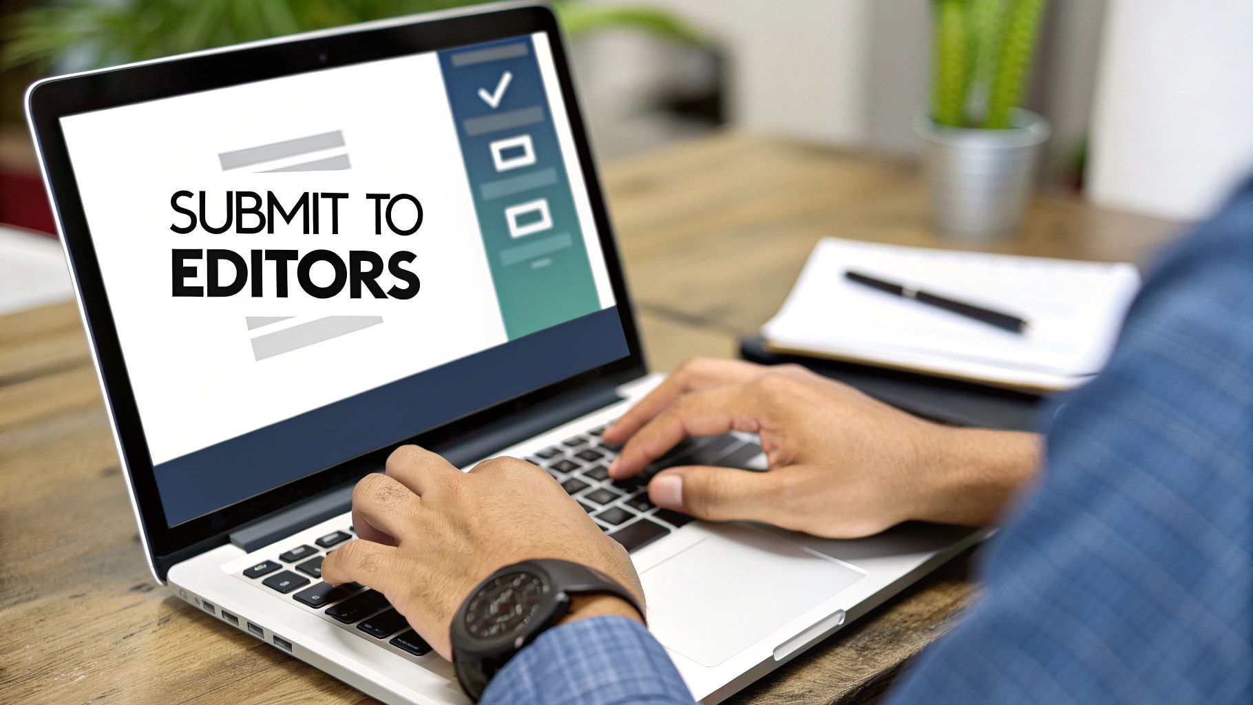 Person typing on a laptop displaying 'SUBMIT TO EDITORS' with a checklist on screen.