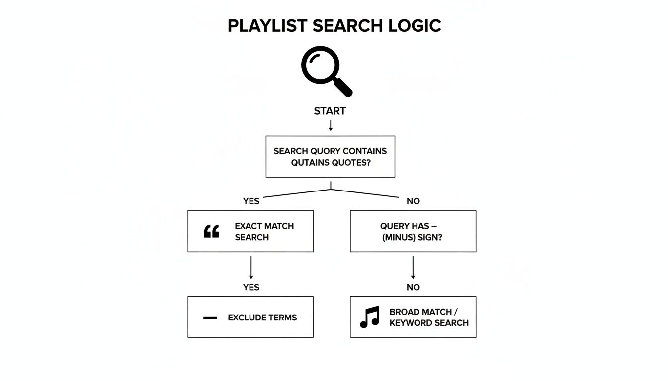 Flowchart illustrating playlist search logic, differentiating between exact, excluded, and broad keyword searches.