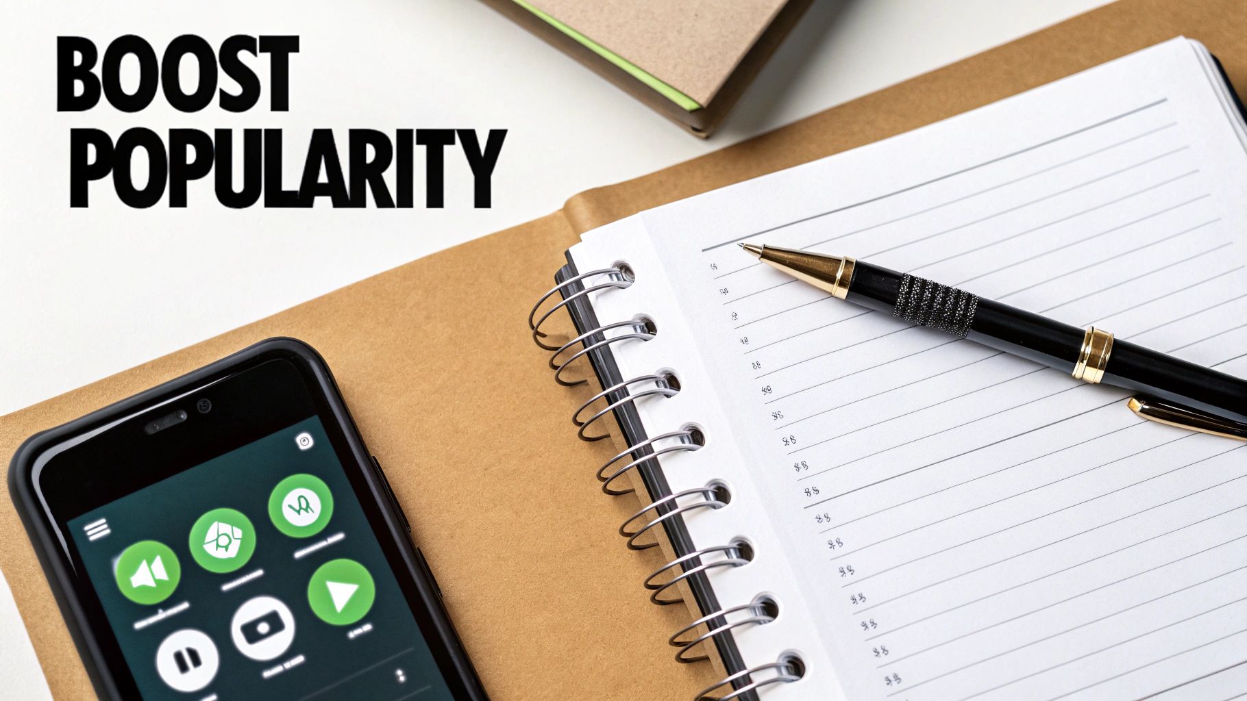 Text 'BOOST POPULARITY' next to a smartphone displaying app icons, a notebook, and a pen.