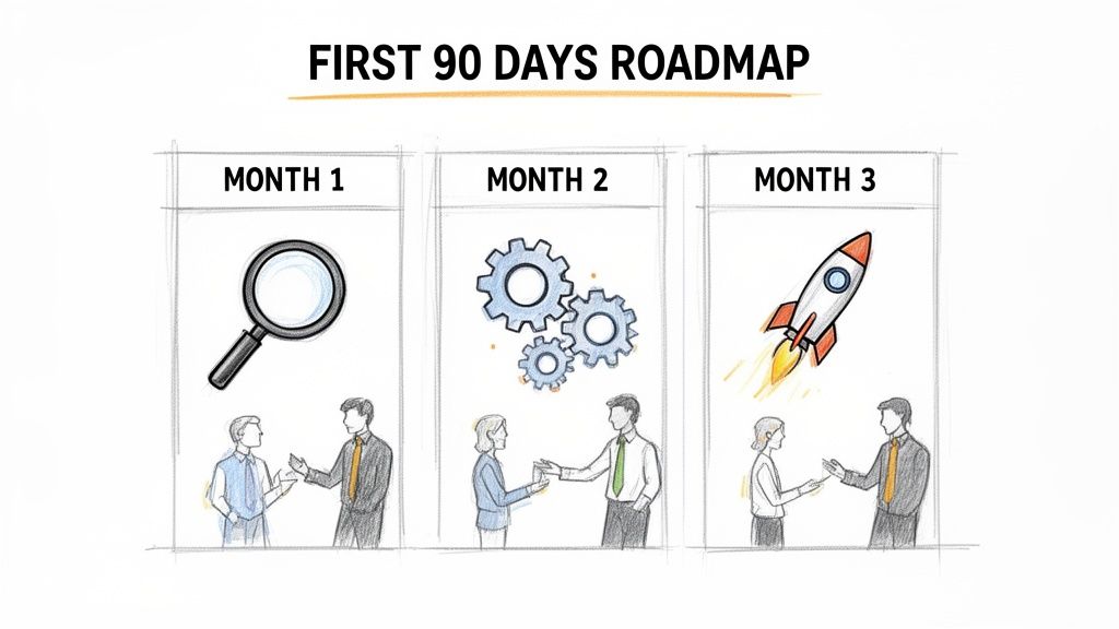 A visual roadmap outlining the first 90 days, depicting phases of research, collaboration, and launch.