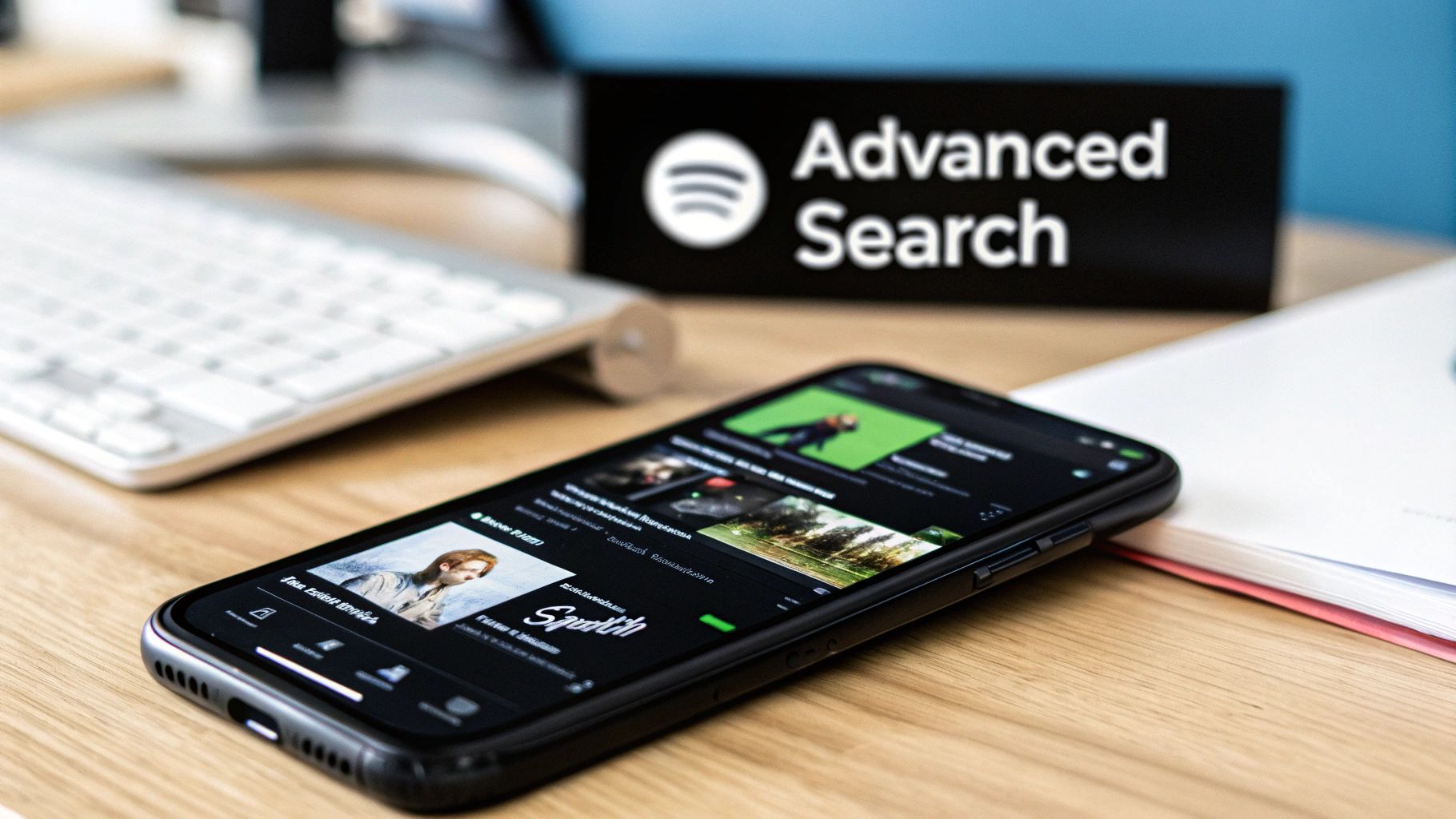 A smartphone displaying the Spotify app on a wooden desk, with an 'Advanced Search' sign.