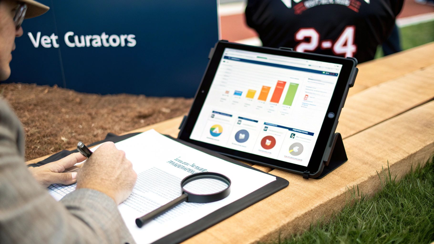 Person reviewing documents with a magnifying glass while a tablet displays data dashboards outdoors.