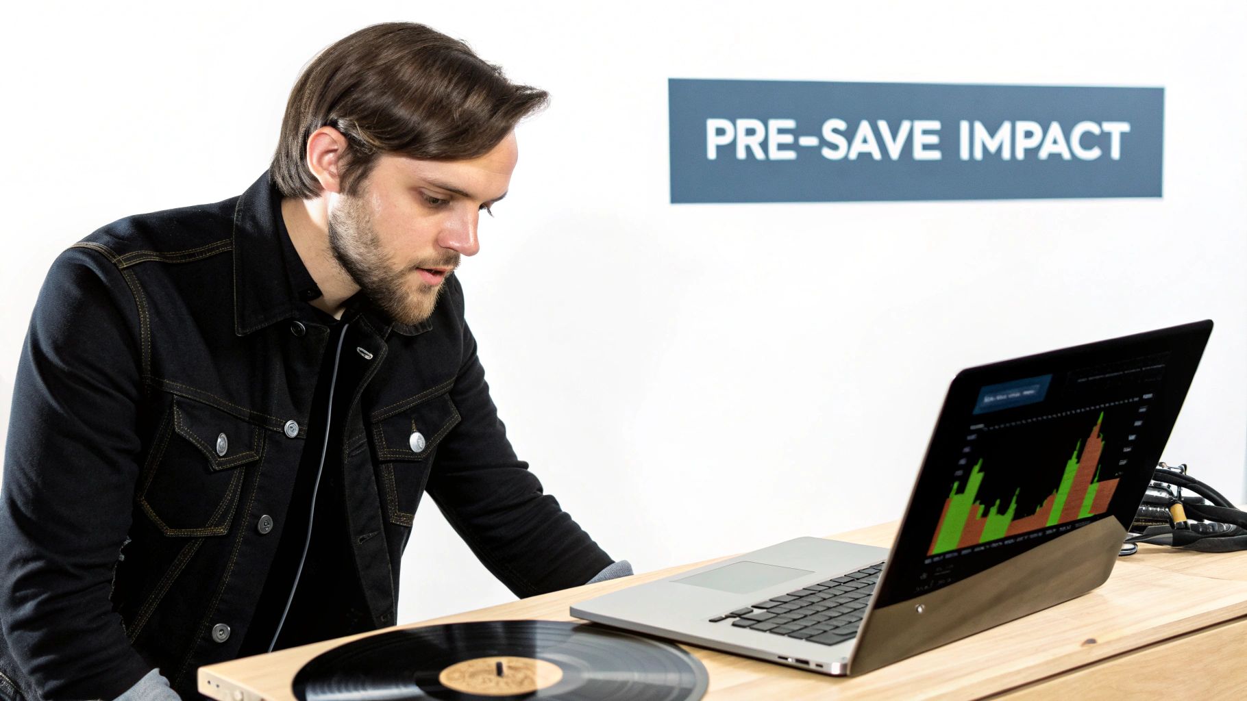 A man in a black denim jacket looks at a laptop displaying a bar graph, with a vinyl record nearby.