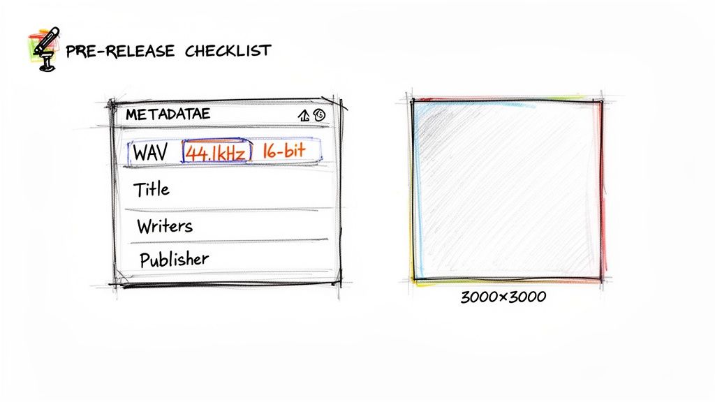 A hand-drawn pre-release checklist showing audio metadata (WAV, 44.1kHz, 16-bit) and 3000x3000 image requirement.