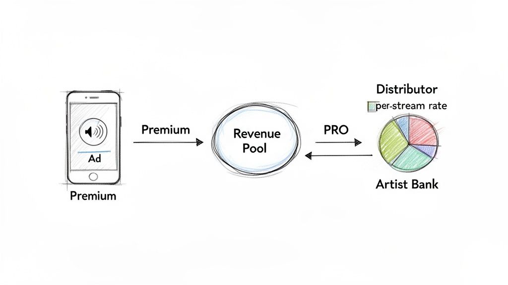 Diagram illustrating music revenue distribution from premium users and ads to artists via a revenue pool.