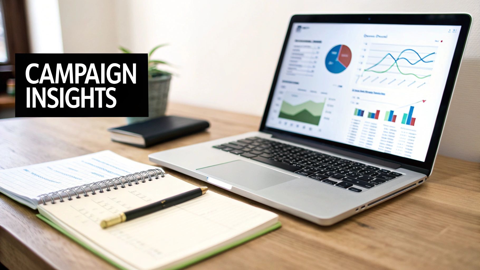 Laptop displaying marketing campaign insights with data charts, a notebook, and a pen on a desk.