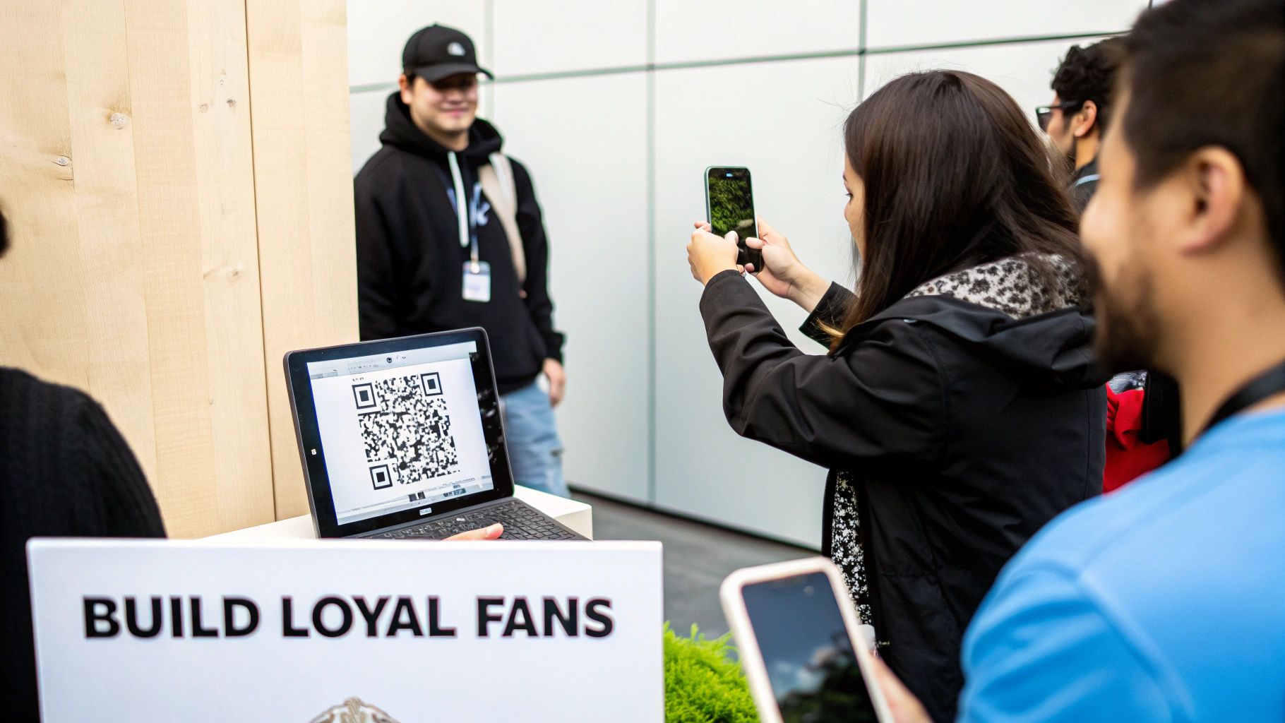 A woman scans a QR code on a laptop with her smartphone at an event promoting fan engagement.