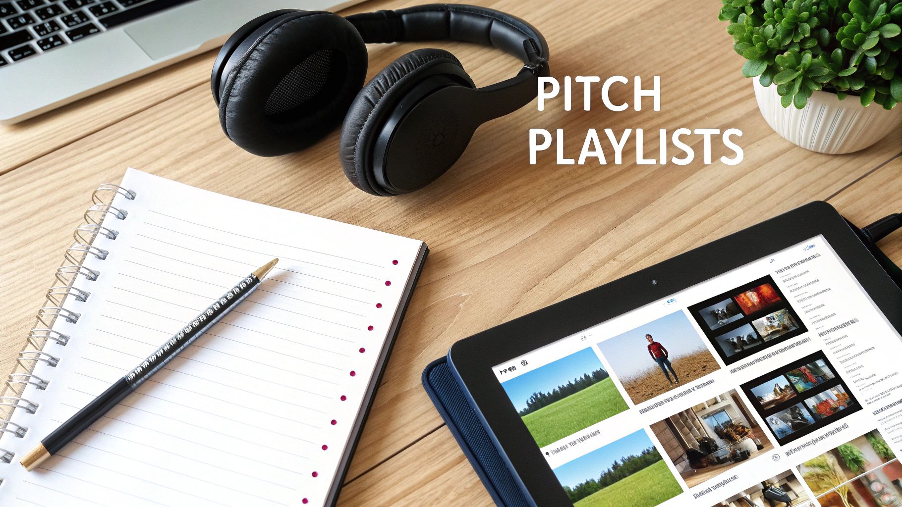 A modern wooden desk setup with headphones, a tablet, notebook, and laptop. Text says 'PITCH PLAYLISTS'.
