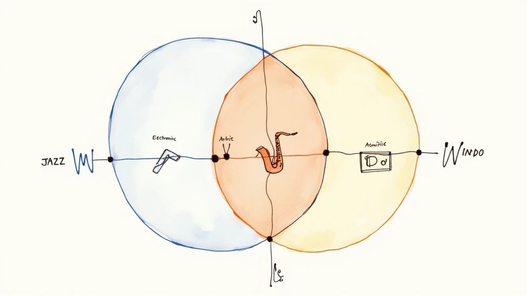 A hand-drawn Venn diagram illustrating the intersection of electronic, acoustic, and jazz music, featuring a saxophone.
