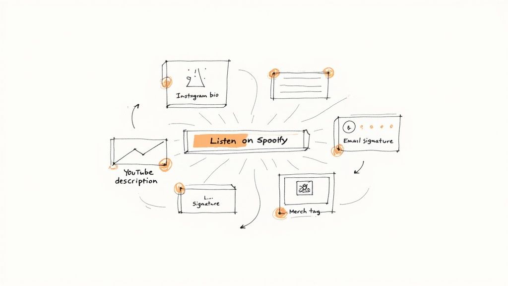 A diagram illustrates 'Listen on Spoolify' connected to promotion channels like Instagram bio, YouTube description, email signature, and merch tag.