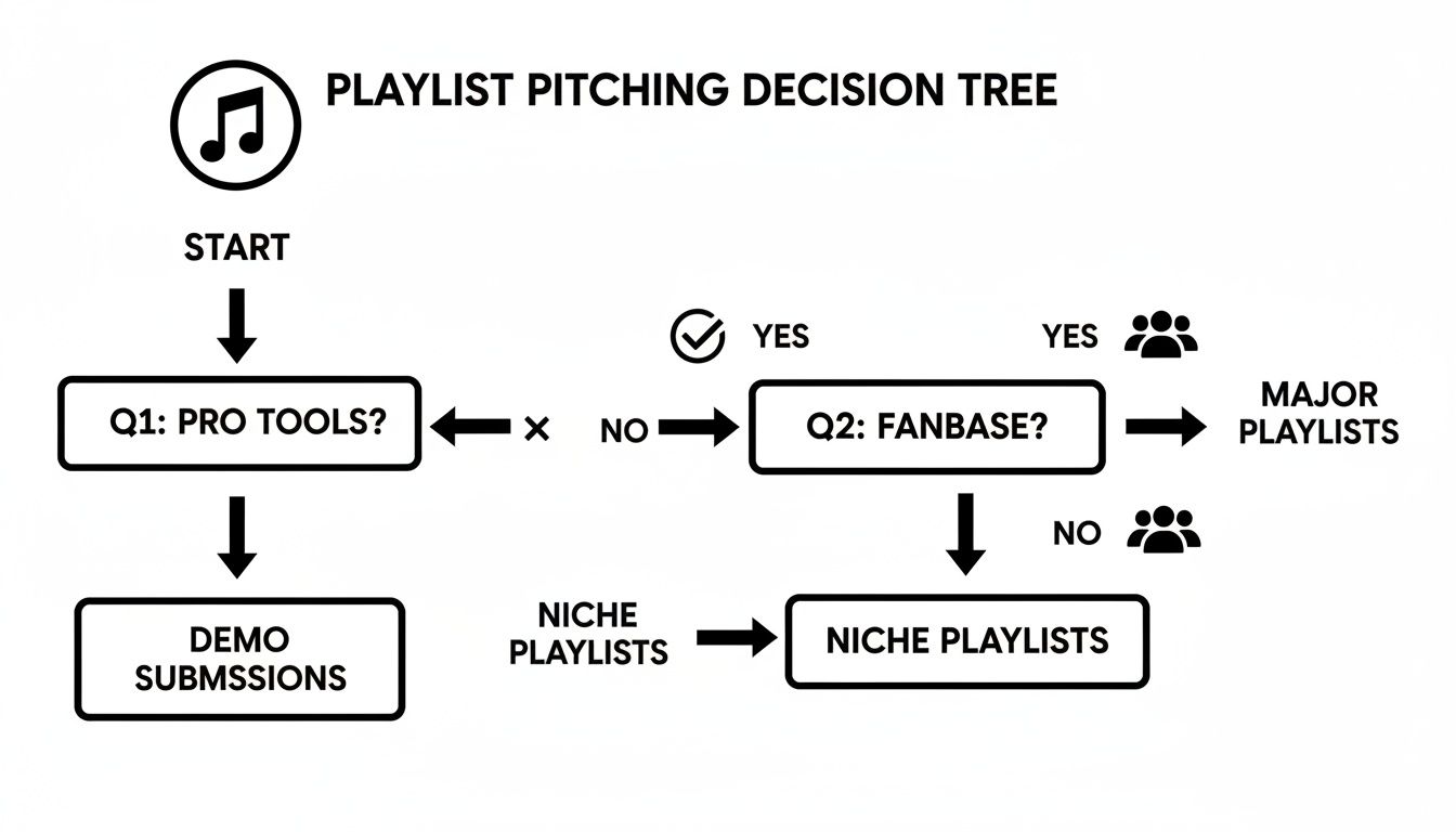 A flowchart illustrating a playlist pitching decision tree, guiding artists through questions about pro tools and fanbase.