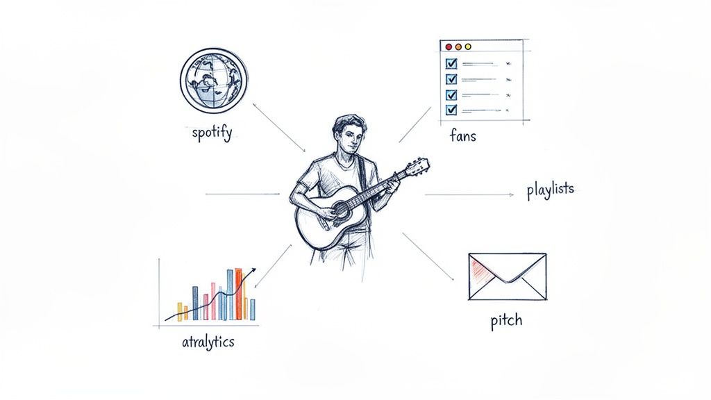A musician connects with Spotify, fans, playlists, analytics, and pitches for independent music promotion.